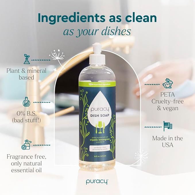 Puracy Natural Dish Soap Refill - Skin-Softening Plant-Based Liquid Dishwashing Detergent Soap, Clean-Rinsing Water-Sheeting Formula (Organic Lemongrass, 16+48 fl oz)