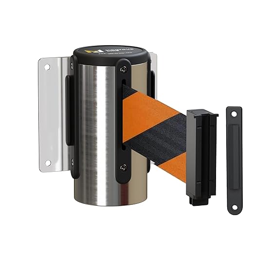 Montour Line WM115 Wall Mounted Retractable Belt Barrier with Standard Belt End, Fixed Mount, Polished Stainless Steel Casing (8.5 ft Black and Orange Diagonal Belt)