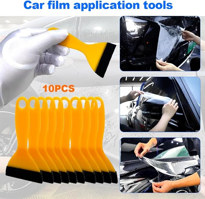 Black Felt Edge Squeegee Tool,Car Vinyl Film Wrapping Decal Glass Window Tint,Wallpaper Sticker Installation Spatula, Patching Putty Paint Flexible Small Plastic Scraper(Yellow 10Pcs)