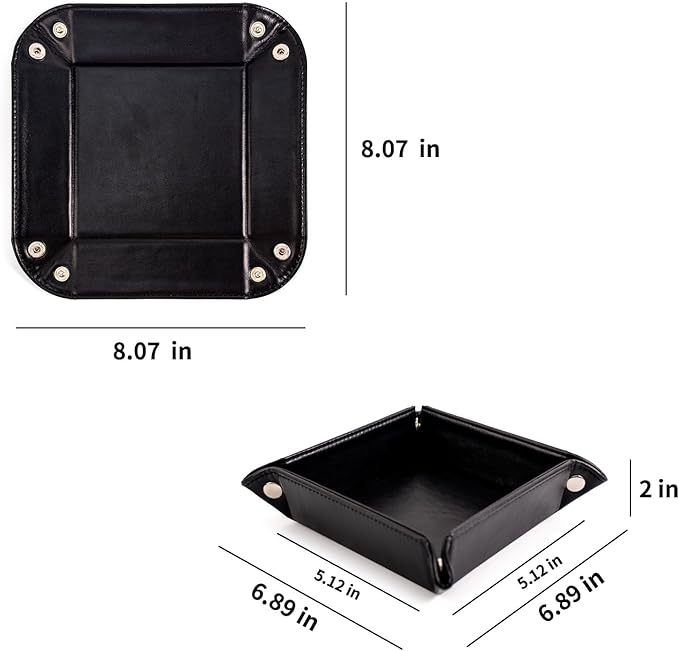 Valet Tray for Men PU Leather Tray Organizer with Partition, Storage Keys, Watch & Practical Storage for Table Nightstand Living Room Bedroom (Black-Square)
