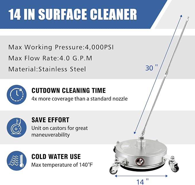 janz 14" Pressure Washer Surface Cleaner with 4 Wheels, Stainless Steel Housing, 1/4" Quick Plug, 2 Extension Wands, 2 Replacement Nozzles and 3 Spray Nozzles, 4000 PSI