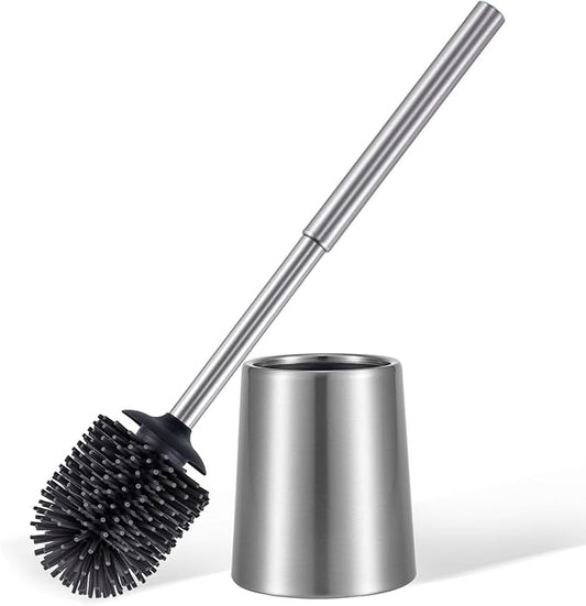 Stainless Steel Toilet Brush and Holder Toilet Brush Bowl Cleaning Brush Double Layer Holder Long Brush Handle High Density Silicone Head