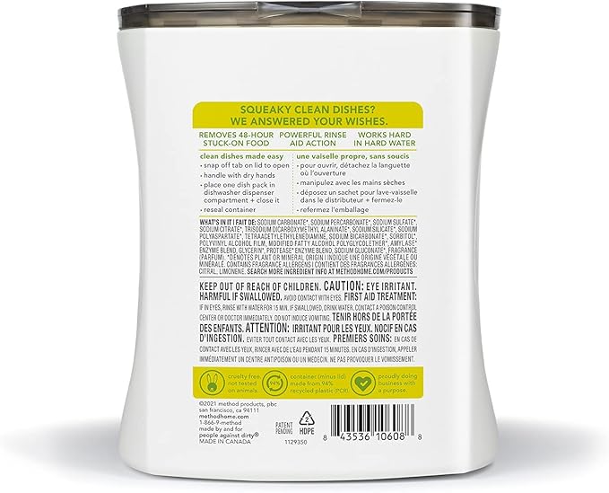 Method Dishwasher Detergent Packs, Lemon Mint, Dishwashing Rinse Aid to Lift Tough Grease and Stains, 30 Dishwasher Tabs per Package, (Pack of 4)