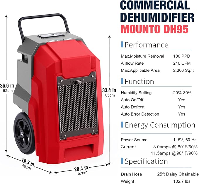 MOUNTO 180Pints Commercial Dehumidifier with Pump and Drain Hose, LGR Portable Dehumidifier with wheels for Home, Basements, Garages, and Job Sites. (Red)
