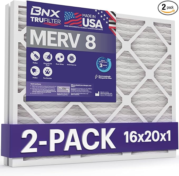 BNX 16x20x1 MERV 8 Air Filter 2 Pack - MADE IN USA - Electrostatic Pleated Air Conditioner HVAC AC Furnace Filters - Removes Dust, Mold, Pollen, Lint