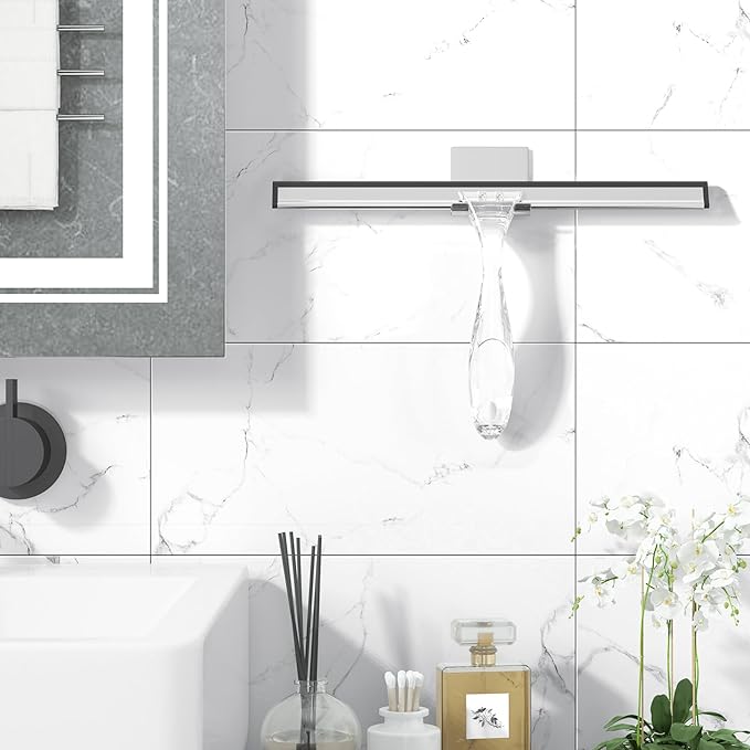 AmazerBath Squeegee for Shower Glass Door, Shower Squeegee for Glass Doors - All-Purpose Squeegee with Hook for Shower Doors, Windows, Mirrors, Tiles and Car Glass, 12 Inches - Clear