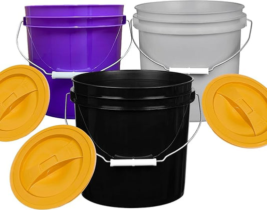 House Naturals 2 Gallon Purple Food Grade BPA Free Made in USA Bucket with Screw On Lid - Pack of 3 (Purple,Gray,Black, Orange lids)