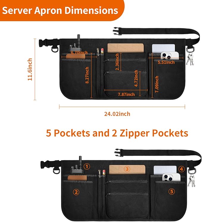 Professional Cleaning Apron with 7 Pockets and Adjustable Waist Belt, Bartender, Chef, Waiter - Women & Men, Restaurants, Cafes, Bars, Black