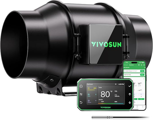 VIVOSUN G6 6" Inline Duct Fan & Temperature Humidity Controller, E42A+ WiFi-App Control AeroZesh Grow Tent Fan& Smart Thermostat, 388 CFM EC Motor Exhaust Fan for Heating Cooling, Greenhouse Accessory