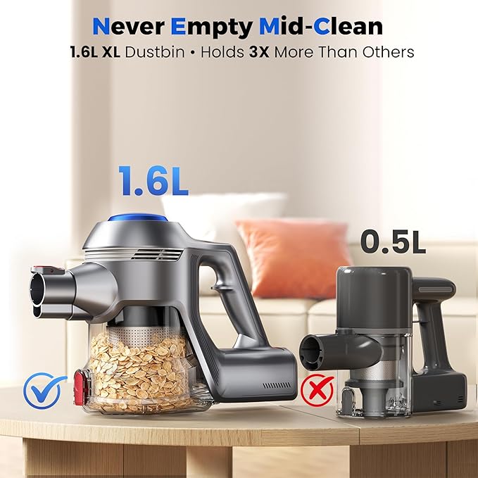 Cordless Vacuum Cleaner, 40Kpa Powerful Suction Stick Vacuum Cleaners for Home, 45 Mins Runtime, 1.6L Dust Box, Anti-Tangle, 8-in-1 Rechargeable Vacuum for Hardwood Floor, Carpet, Pet Hair