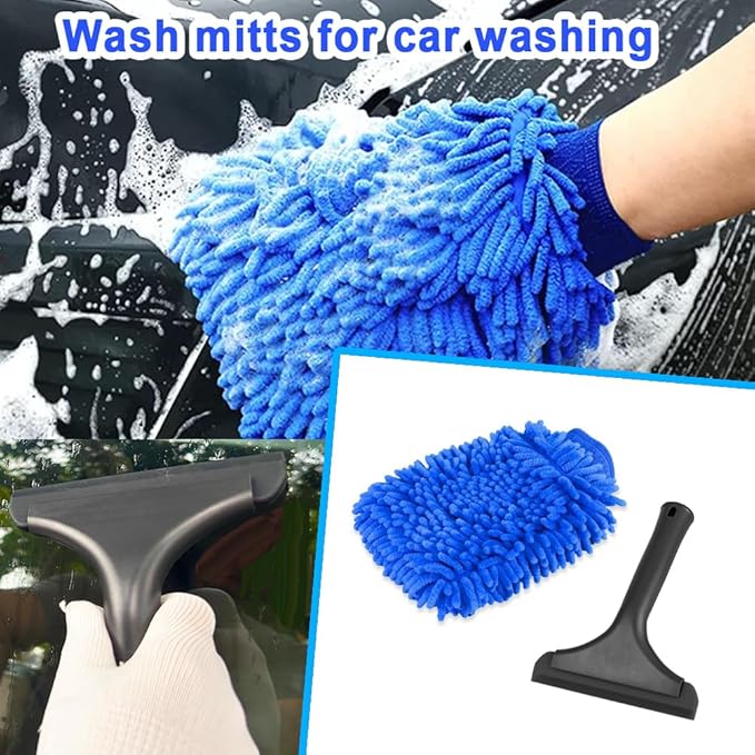 Window Tint Tool Small 6" Silicone Handy Cleaning Squeegee and Car Wash Mitt Chenille Microfiber Super Absorbent for Car Windshield, Window, Mirror, Glass Door,Shower(Black and Blue)