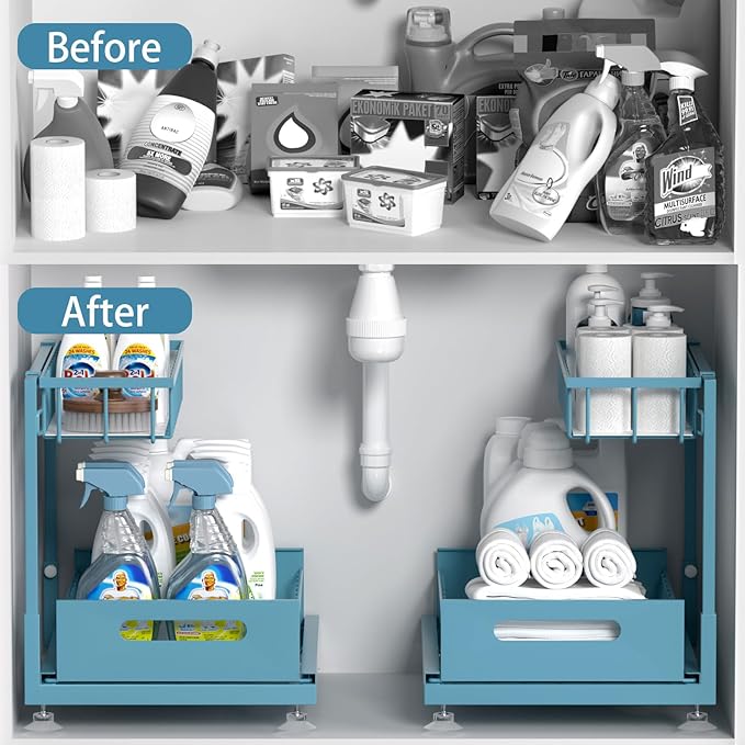 Under Sink Organizer Storage 2-Tier Premium Metal Pull-Out Kitchen Cabinet Organizer with Sliding Drawer, Height Adjustable, Heavy Duty for Kitchen & Bathroom Organizers 2 Pack Teal