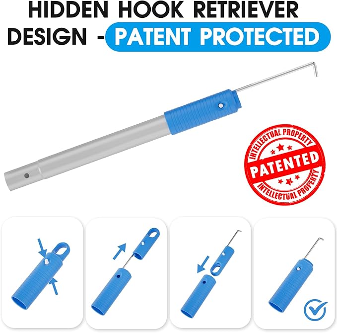 Pool Brush Set - 20’’ 2-in-1 Detachable Round Brush with Extra Side Brush for Cleaning Hard-to-Reach Corners, 9 FT Aluminum Extended Pool Pole with Hidden Hook Retriever