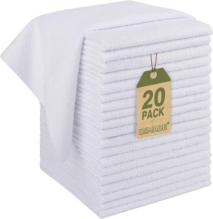 Microfiber Cleaning Cloth, 20 Pack Reusable Microfiber Towels for Cars Lint Free Cleaning Shop Towel Rags for Home Kitchen Automotive Bar Mechanic Restaurant Garage, 11.5"x 11.5", White
