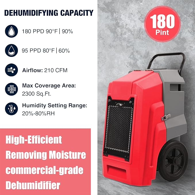 MOUNTO 180Pints Commercial Dehumidifier with Pump and Drain Hose, LGR Portable Dehumidifier with wheels for Home, Basements, Garages, and Job Sites. (Red)