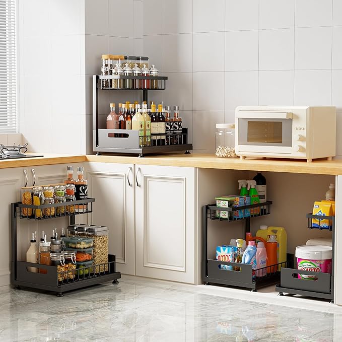 Under Sink Organizer Storage 2-Tier Premium Metal Pull-Out Kitchen Cabinet Organizer with Sliding Drawer, Height Adjustable, Heavy Duty for Kitchen & Bathroom Organizers 1 Pack Black