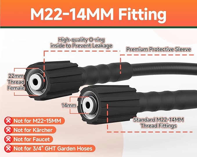 Pressure Washer Hose 50FT 1/4", 3300 PSI Wear & Kink Resistant Power Washer Hose with M22-14mm Fitting, High Pressure Replacement Hose for Gas & Electric Pressure Washers