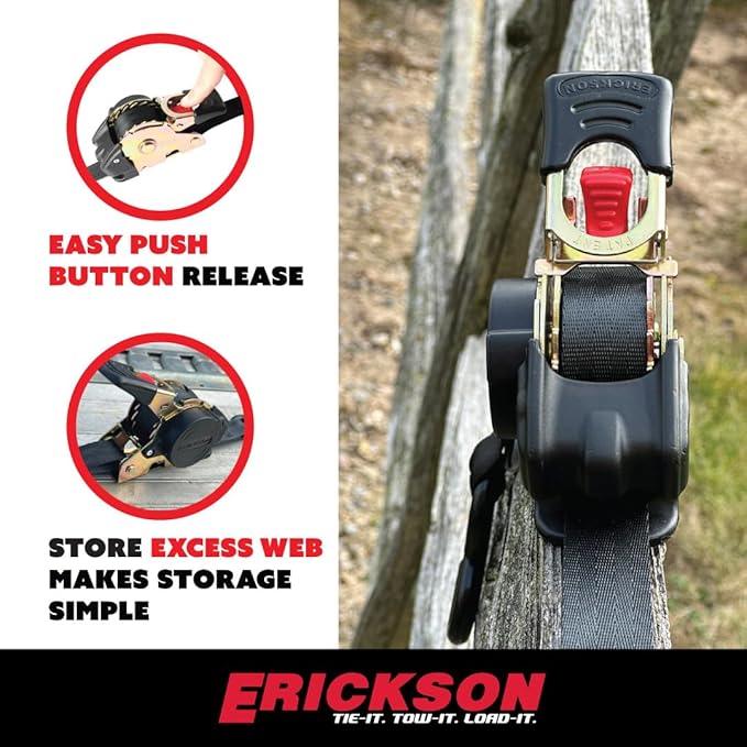 Erickson Pro Series 1in x 10ft Black Retractable Ratcheting Tie-Down Straps, Heavy-Duty Secure Hold, 1500 lb Load Capacity, Pack of 2
