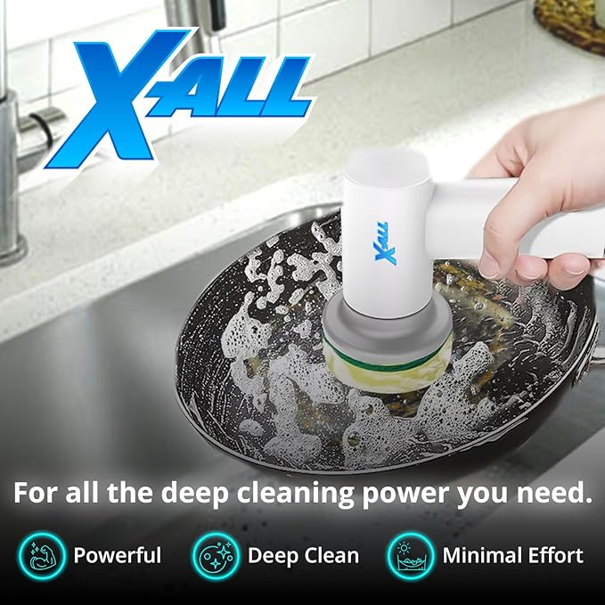 Electric Spin Power Scrubber - Rechargeable Lightweight Waterproof Cordless 2-Speed Control Cleaning Tool with 2 Spin Brush Heads - White