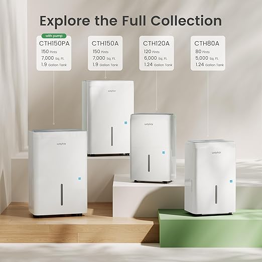 Waykar 150 Pint Energy Star Dehumidifier for Large Rooms up to 7,000 Sq. Ft. for Home, Basement, Commercial, Industrial, with Drain Hose & Tank, Auto Defrost, Ultra Quiet, Smart Auto Comfort Mode