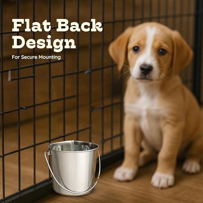 2 quart Stainless Steel Flat Side Bucket | 0.5 gal Durable Heavy Duty Food & Water Feeding Pails for Small Pet Birds Dog Cat | Fits kennel Cages Critter Crates Hanging Pail | Multipurpose