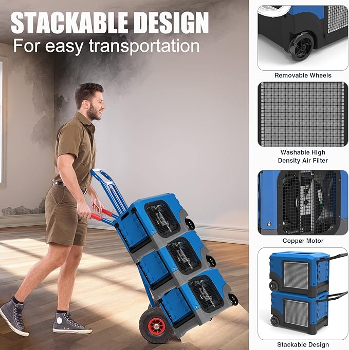 Mounto MOUNTO 268Pints LGR Commercial Compact Dehumidifier with Pump and Drain Hose, LGR Portable Dehumidifier with wheels for Home, Basements, Garages, and Job Sites (Blue)