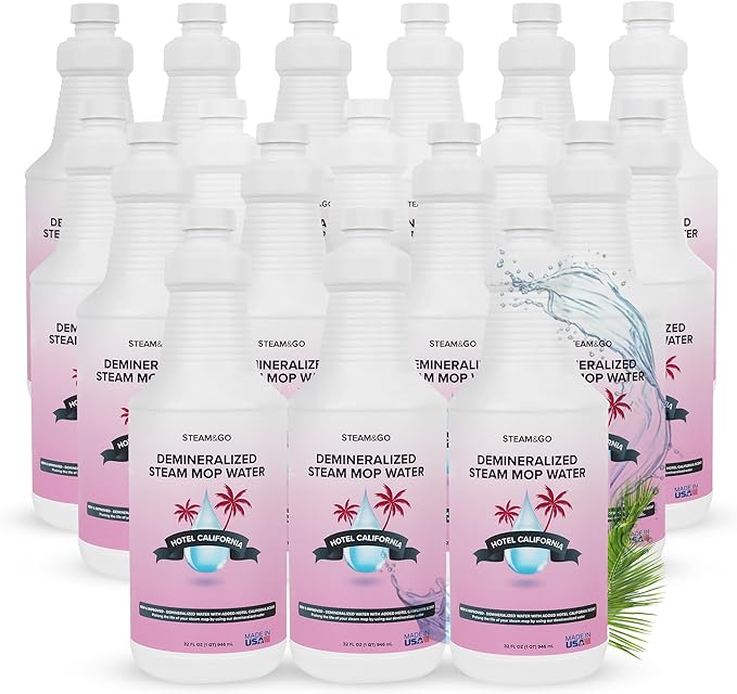Steam & Go Deminerilized Water - Multi-Surface Cleaner for Steam Cleaners, Hardwood Floors, Kitchens, & Bathrooms - Germ-Killing Formula - Hotel California Scent - 32 Ounces (Pack of 18)