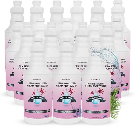 Steam & Go Deminerilized Water - Multi-Surface Cleaner for Steam Cleaners, Hardwood Floors, Kitchens, & Bathrooms - Germ-Killing Formula - Hotel California Scent - 32 Ounces (Pack of 18)