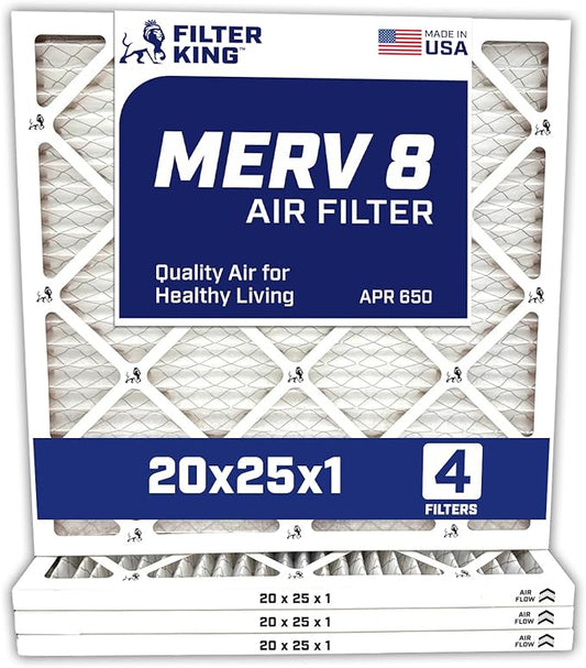 Filter King 20x25x1 Air Filter | 4-PACK | Carbon MERV 8 HVAC Pleated A/C Furnace Filters | MADE IN USA | Actual Size: 19.5 x 24.5 x .75"