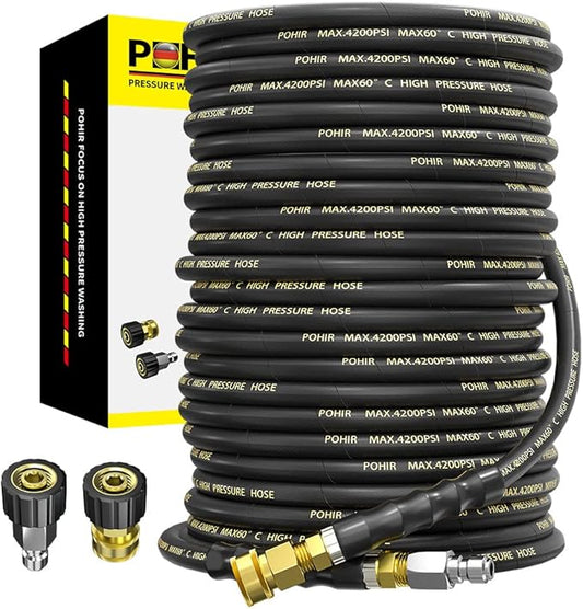 POHIR Power Washer Hose 100FT with 3/8'' Quick Connect, High Tensile Wire Braided Car Wash Water Hose with 2 Quick Connect Kits Compatible M22 14 mm, 1/4 Inch Hose for Pressure Washer, 4200 PSI