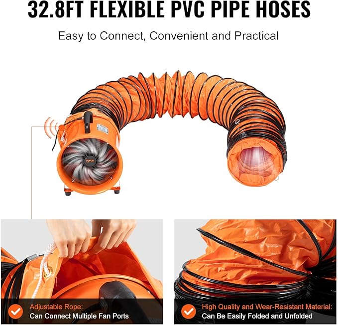 VEVOR Air Mover Blower Fan 12 Inch, 3198CFM 585W with 33ft Flexible Duct, Industrial Portable Ventilator Blower/Exhaust, Orange