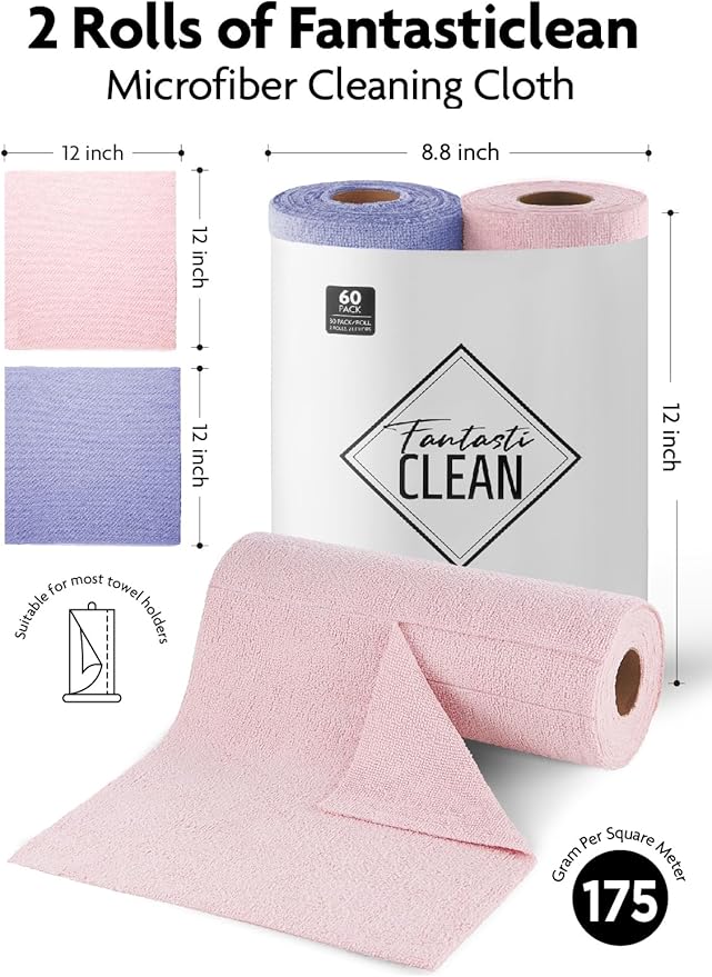 Fantasticlean Microfiber Cleaning Cloth Roll -60 Pack, Tear Away Microfiber Towels, 12" x 12", Reusable, Washable, Scratch Free, Ultra Absorbent Dishcloth for All-Around Cleaning (Pink & Lavender)