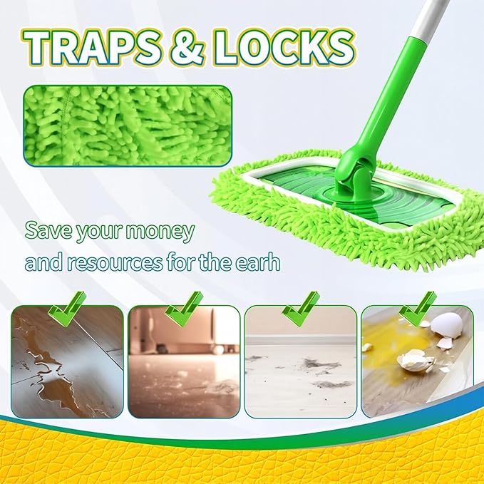 Chenille Mop Refill Pads for Home Use– Replacement Mop Heads for Floor Cleaning,Fits Most Standard Mops, for Hardwood Tile Laminate Floors (Green 6PCS)