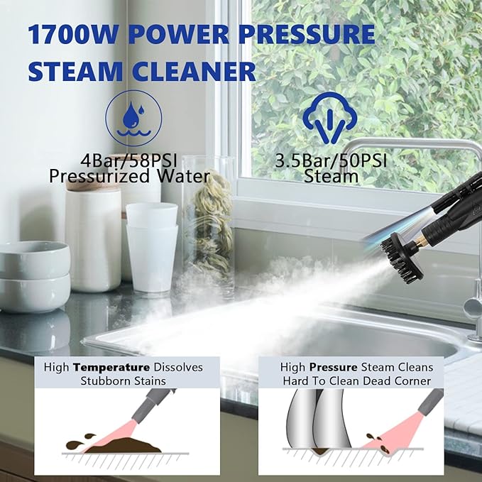 Moongiantgo High Pressure Steam Cleaner, 1700W Power High Temp Portable Handheld Cleaning Machine for Car Detailing, Tankless Heavy Duty for Home Use Kitchen Bathroom Grout Tile