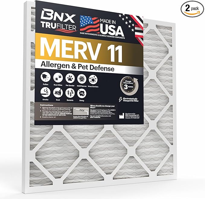 BNX TruFilter 20x20x5 (19.88’’ x 19.88’’ x 4.38‘’ Honeywell Compatible 4”) MERV 11 Air Filter (2-Pack) - MADE IN USA - HVAC AC Furnace Filters Health, Allergies, Mold, Bacteria, Smoke, MPR 1200 FPR 7