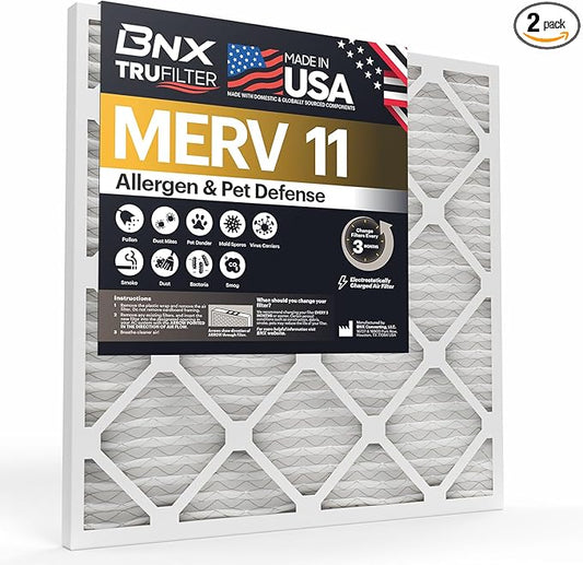 BNX TruFilter 20x20x5 (19.88’’ x 19.88’’ x 4.38‘’ Honeywell Compatible 4”) MERV 11 Air Filter (2-Pack) - MADE IN USA - HVAC AC Furnace Filters Health, Allergies, Mold, Bacteria, Smoke, MPR 1200 FPR 7