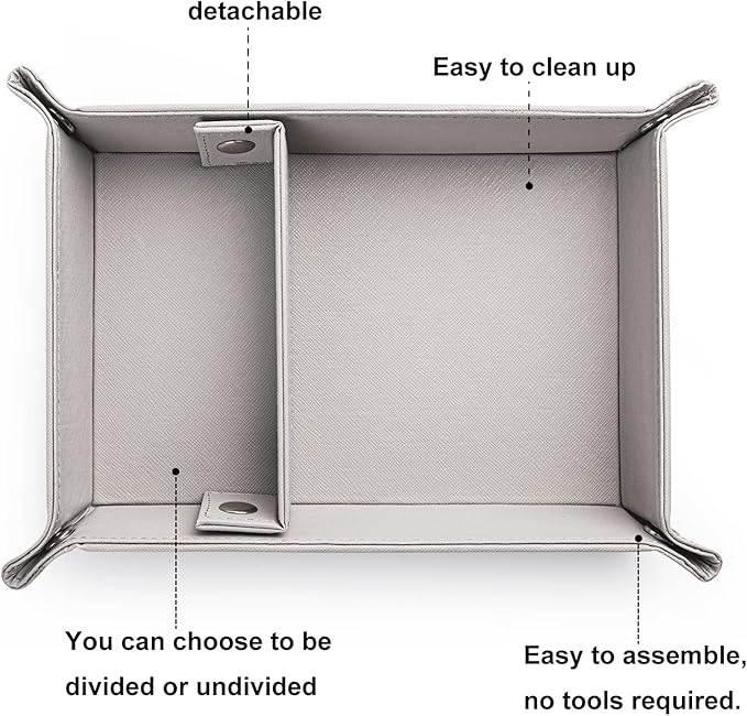 BONNY DODO Valet Tray for Men PU Leather Tray Organizer with Partition, Storage Keys, Watch & Practical Storage for Table Nightstand Living Room Bedroom (Gray)