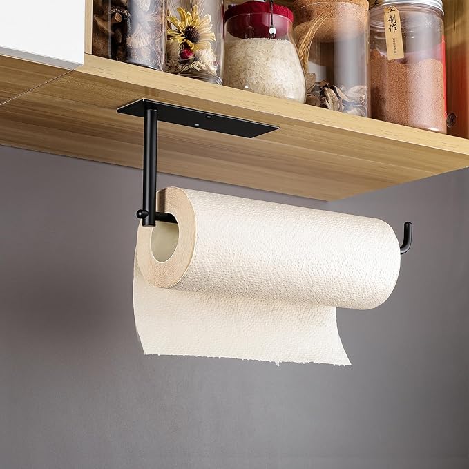 SUNTECH Paper Towel Holder Under Kitchen Cabinet - Self Adhesive Matte Black Towel Paper Holder Stick on Wall, SUS304 Stainless Steel