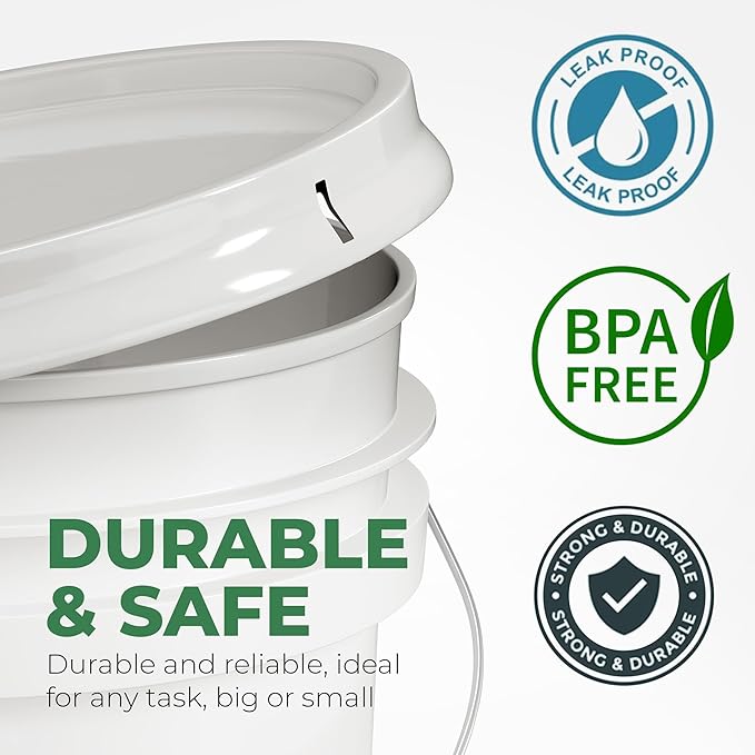 5-Gallon White Bucket Pail Container with Lid | Food Grade | Heavy-Duty Extra Durable | Metal Handles with Plastic Grip for Easy Carrying | Multi-Use | Easy Stack and Store | BPA Free