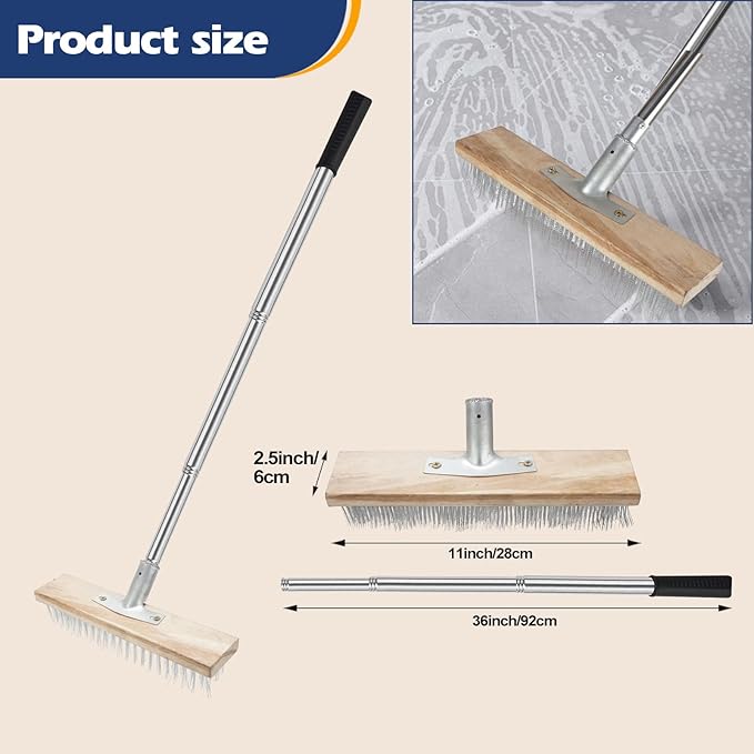 Floor Scrub Brush, Deck Brushes for Scrubbing Heavy Duty, Concrete Scrubber Outdoor Broom, Metal Wire Pool Brush Stainless Steel, Garage Patio Gunite Tile Algae Moss Cleaning Tool Long Handle