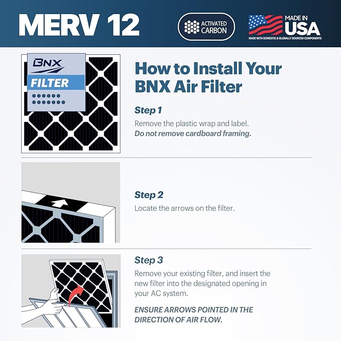BNX TruFilter 20x25x1 MERV 12 Odor Defense (4-Pack) AC Furnace Air Filter with Activated Carbon - MADE IN USA - Pleated Air Conditioner HVAC AC Furnace Filters - Removes Odor, Mold, Bacteria, Smoke