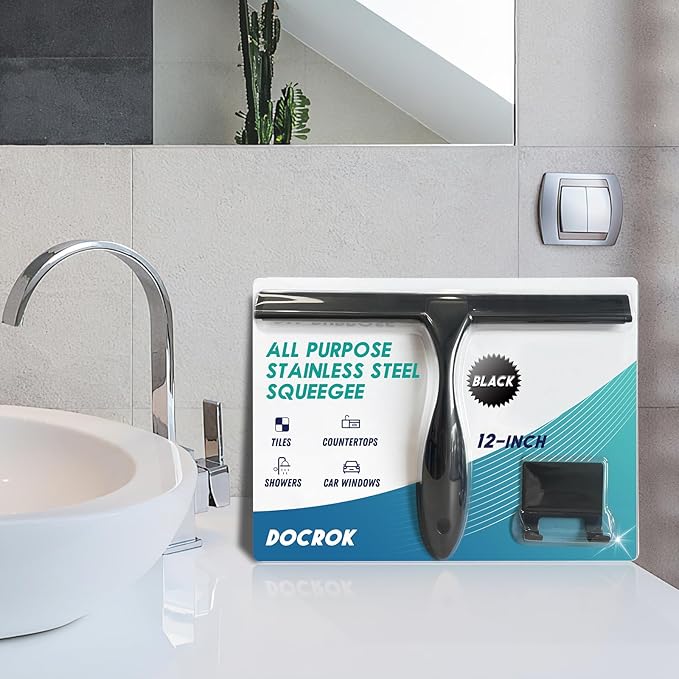 All-Purpose Stainless Steel Shower Squeegee for Shower Glass Door with Adhesive Hook, Bathroom Cleaner Tool Household Window Mirror Squeegee for Glass Doors, Cleaning Tile Wall, Car, 12 inch, Black