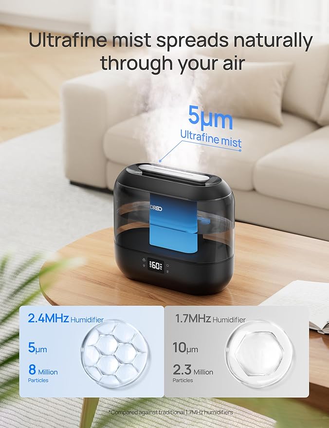 Dreo Smart Humidifiers for Bedroom-Filter Included, Top Fill 4L Humidifier Large Room with 28 dB, 36H Runtime, Touch/APP/Voice Control, Nightlight, Cool Mist Humidifiers for Baby, Plants, Ebony