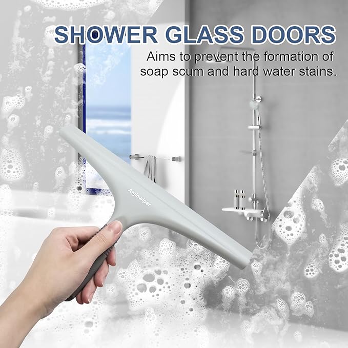 Silicone Shower Squeegee for Glass Doors with Hook, Window Squeegee for Shower Doors, Kitchen, Mirrors and Tiles, Glass Squeegee Bathroom Shower(10 inch, Gray)