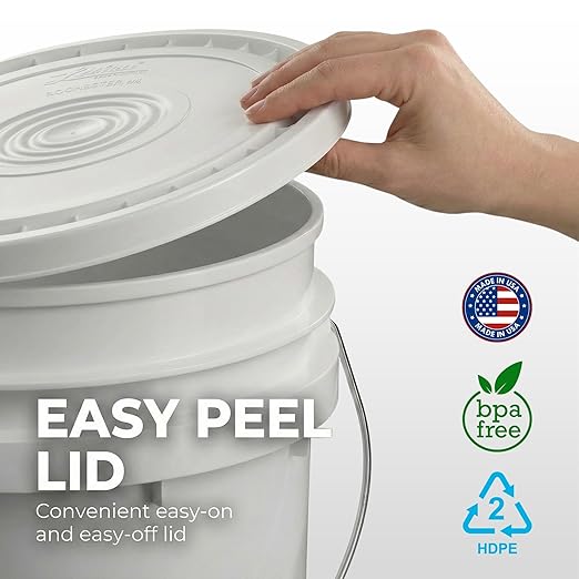 Hudson Exchange 7 Gallon (2 Pack) Large Bucket Pail Container with Easy Peel Lid, Food Grade BPA Free HDPE, White