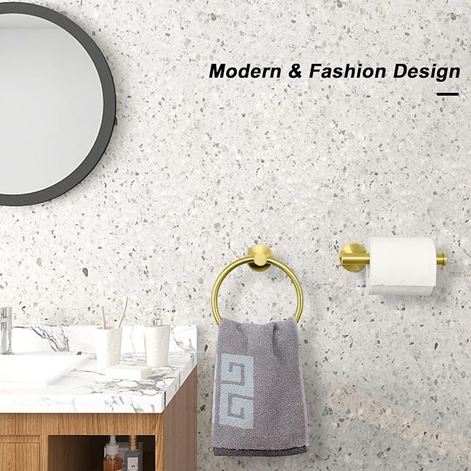 NearMoon 2 Pieces Bathroom Hardware Accessories, Towel Ring and Toilet Paper Holder- Stainless Steel Bath Towel Hanger and Hand Towel Holder, Wall Mounted (Brushed Gold)