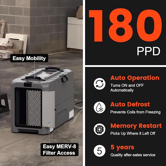 Abestorm LGR Commercial Dehumidifier, 180 PPD Crawl Space Dehumidifier with Pump, Drain Hose, Auto Defrosting Dehumidifiers for Crawl Space, Large Space, Basement, Industrial Use
