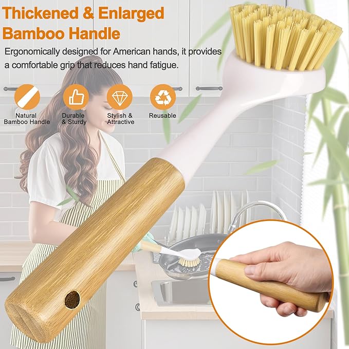 Dish Brush with Handle,Kitchen Scrub Brushes for Cleaning, Dish Scrubber with Stiff Bristles for Sink, Pots, Pans, 1 Pack