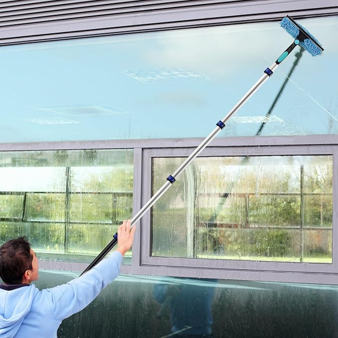 23FT High Reach Duster Cleaning Kit with Extension Pole, Ceiling Fan Cleaner Duster with 4-16.5 ft Telescoping Pole, 2 in 1 Squeegee for Window Cleaning, Spider Web Brush for Shower Glass Car Cleaning