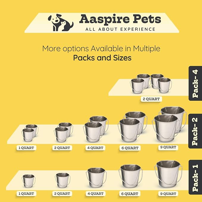 Flat Sided Stainless Steel Bucket 2 Quart Hanging Feeding Pail for Small Dogs Cats Birds, Fits Kennel Cages Compatible, Heavy Duty Food and Water Feeder, 0.5 Gallon Silver Buckets 2 Packs